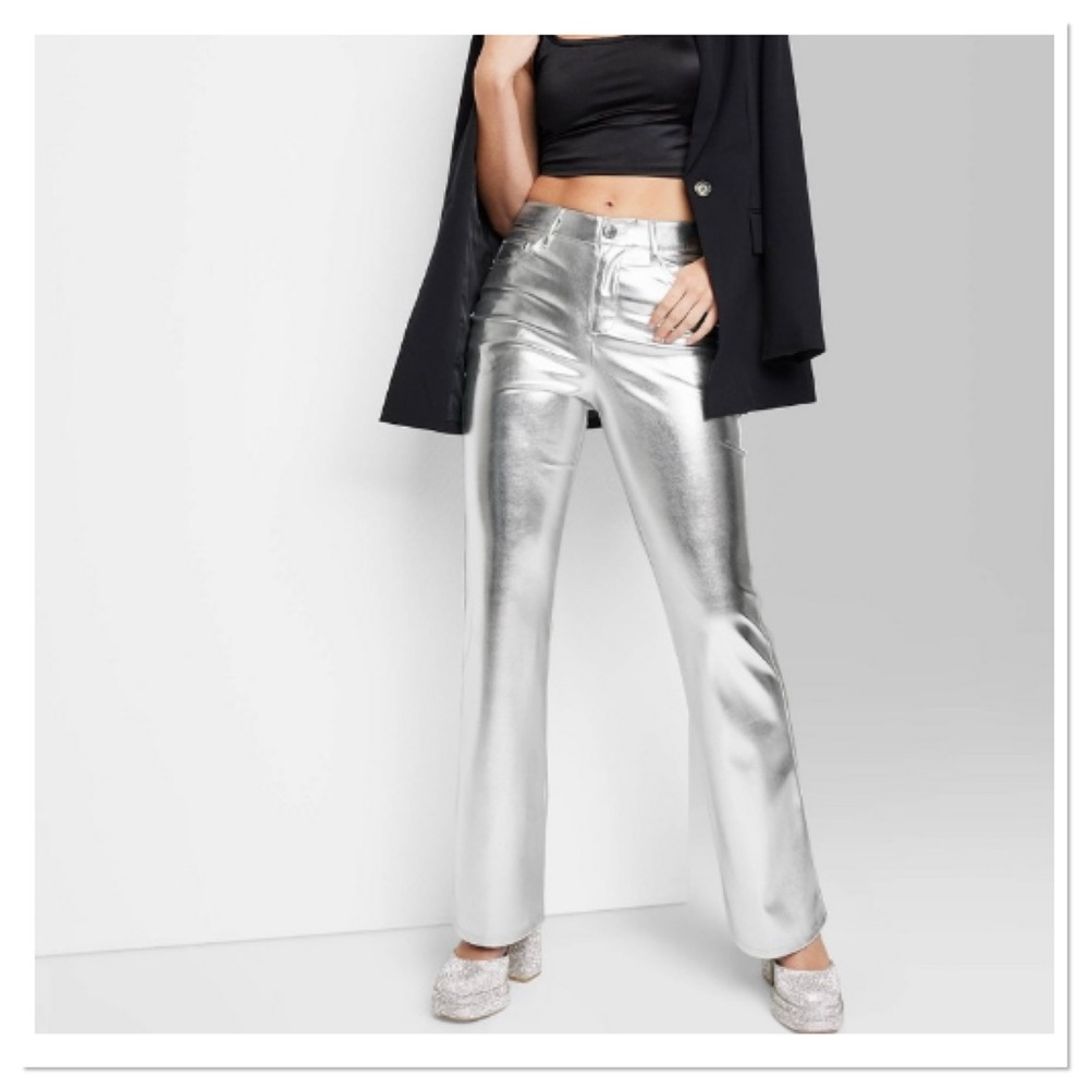 Women’s High Rise Metallic Flare Pants Silver Wild Fable NWT